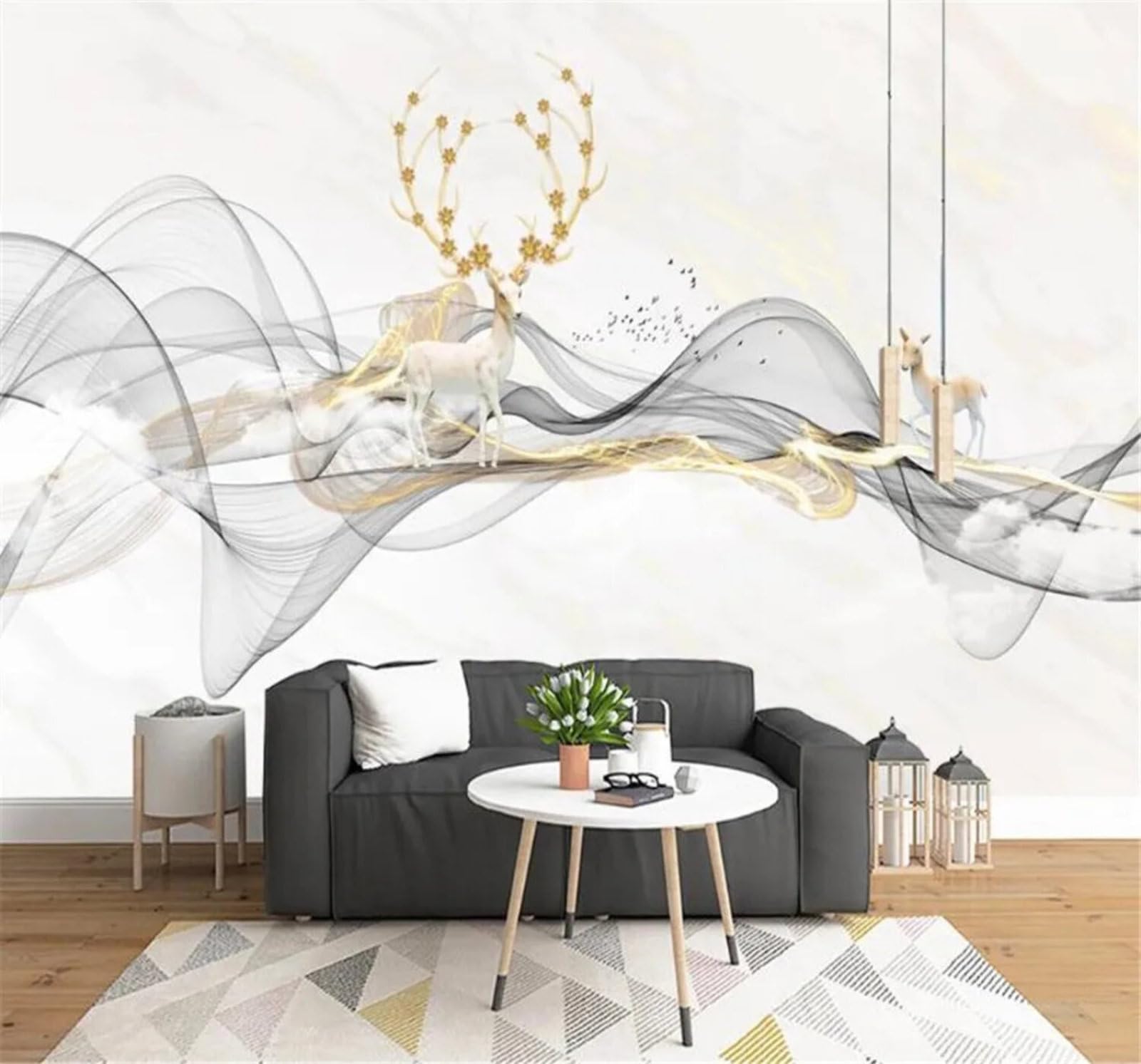 Tzxztt Minimalist Abstract Ink Smoke Reindeer Modern 3D Wallpaper Premium Textured Silk Neutral Tones Material Ideal for Living Room Bedroom-430cm×300cm