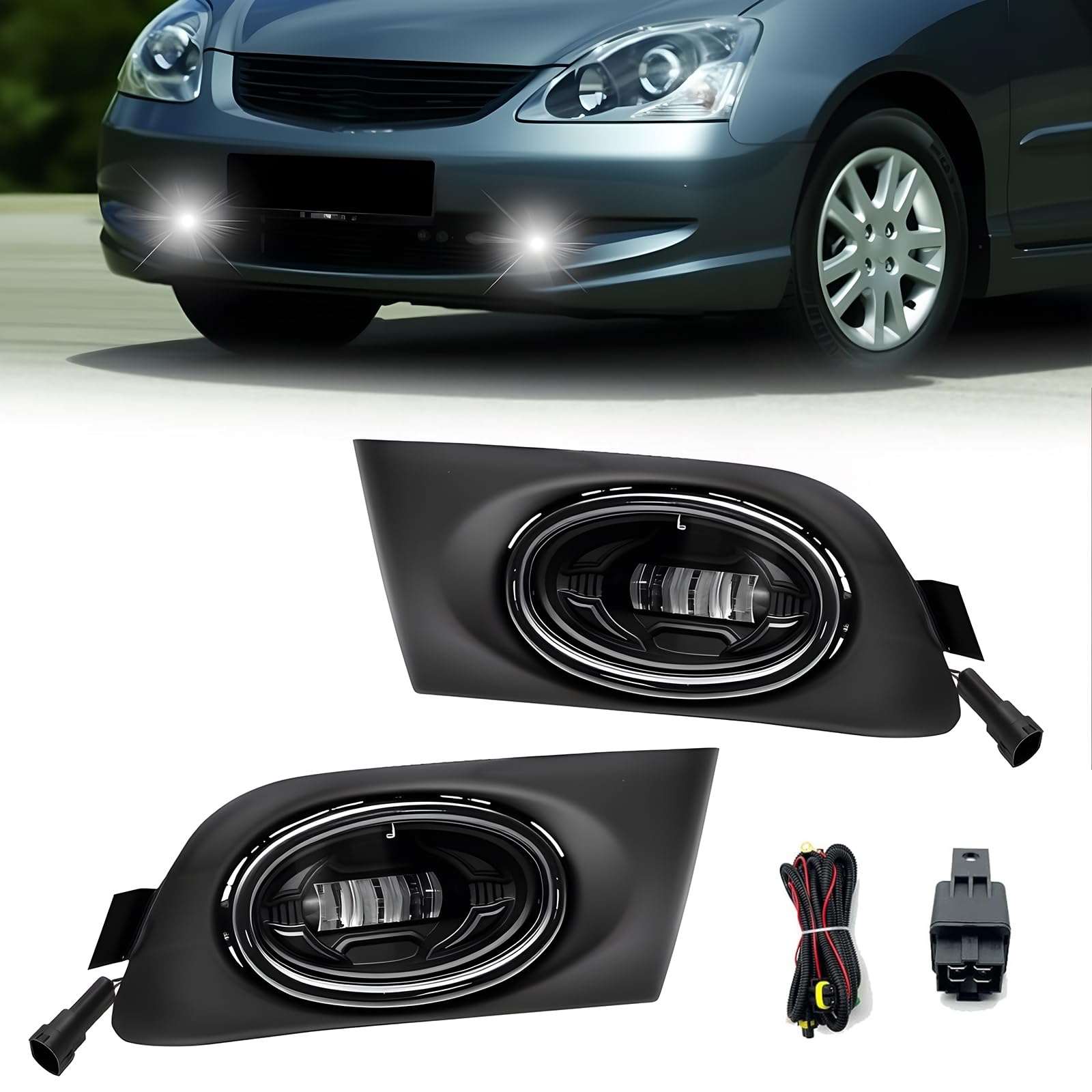LED Fog Lights Compatible with 01-03 2001 2002 2003 Civic 2DR/4DR Front Bumper Fog lights with Switch and Wiring Harness- 1 Pair