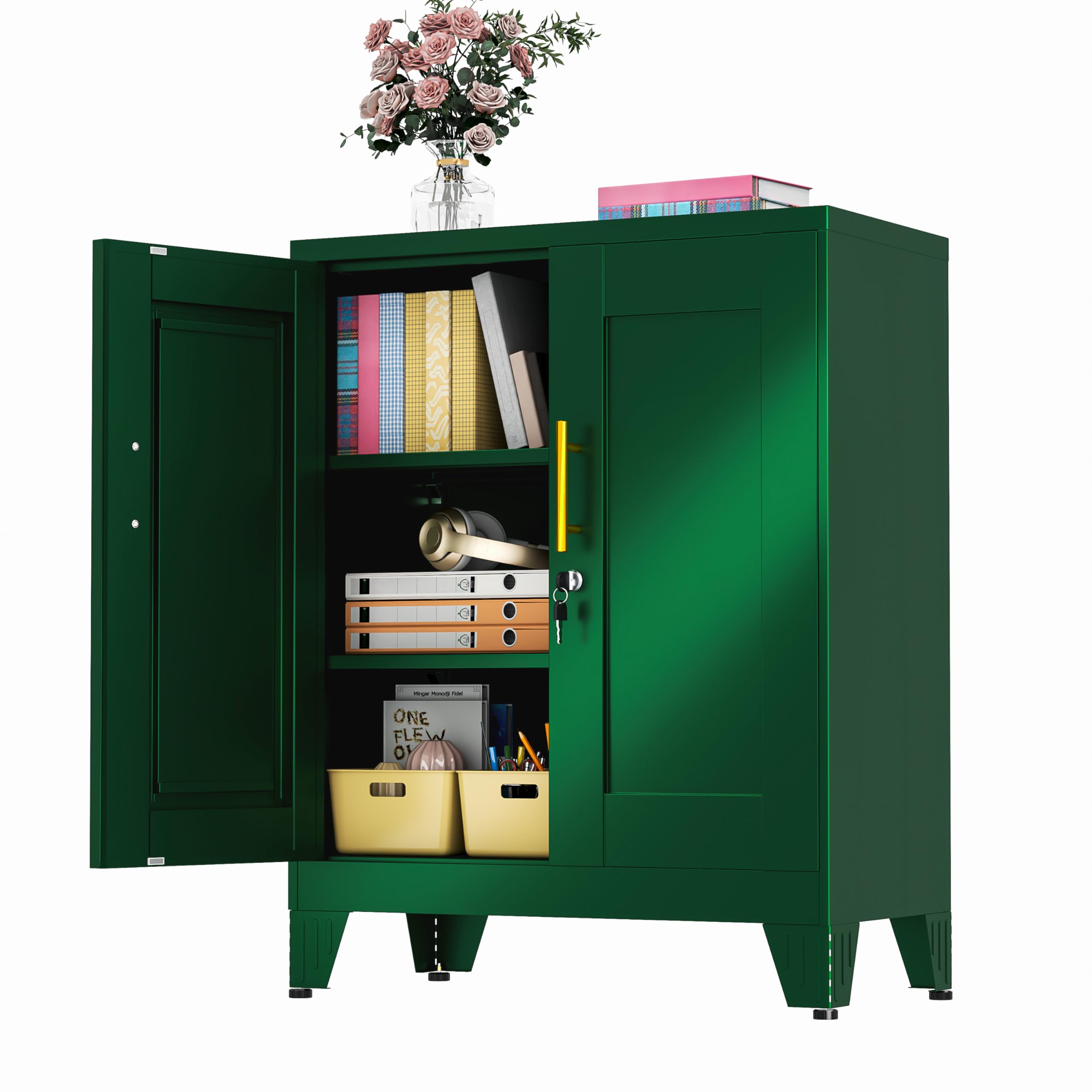 GAIOUS 36 inch tall green metal storage cabinet with doors closed, showing its design in an office setting.