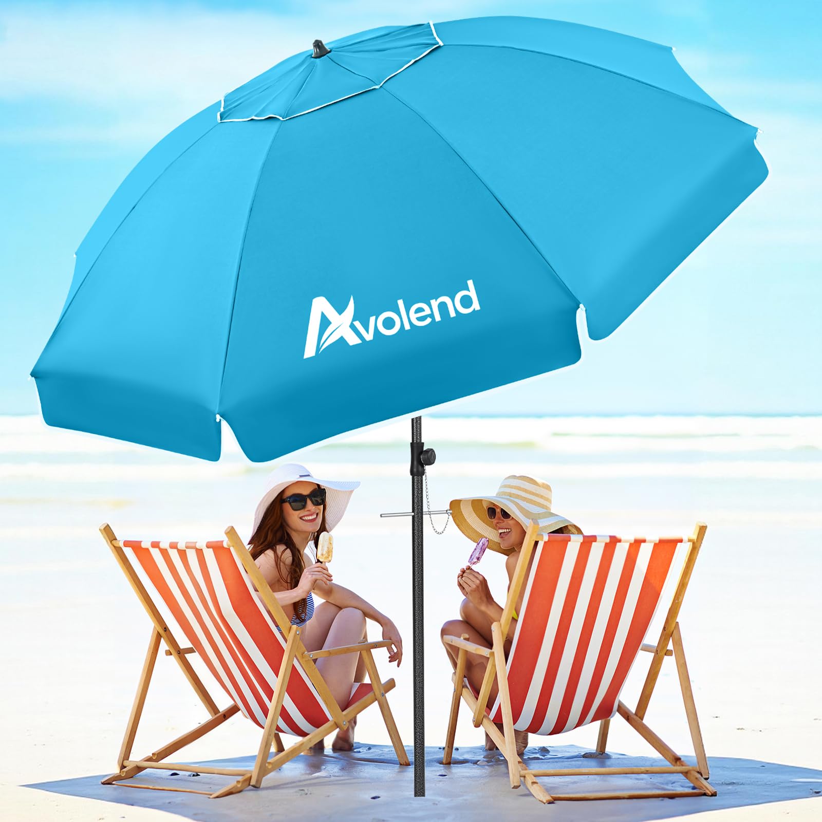 Photo 1 of Avolend 8.5FT Large Beach Umbrella, Portable Outdoor Umbrellas for Sand with Anchor Heavy Duty High Windproof, Height Adjustable Tilt Iron Pole, UV 50+ Protection Air Vent, Patio Garden, Light Blue