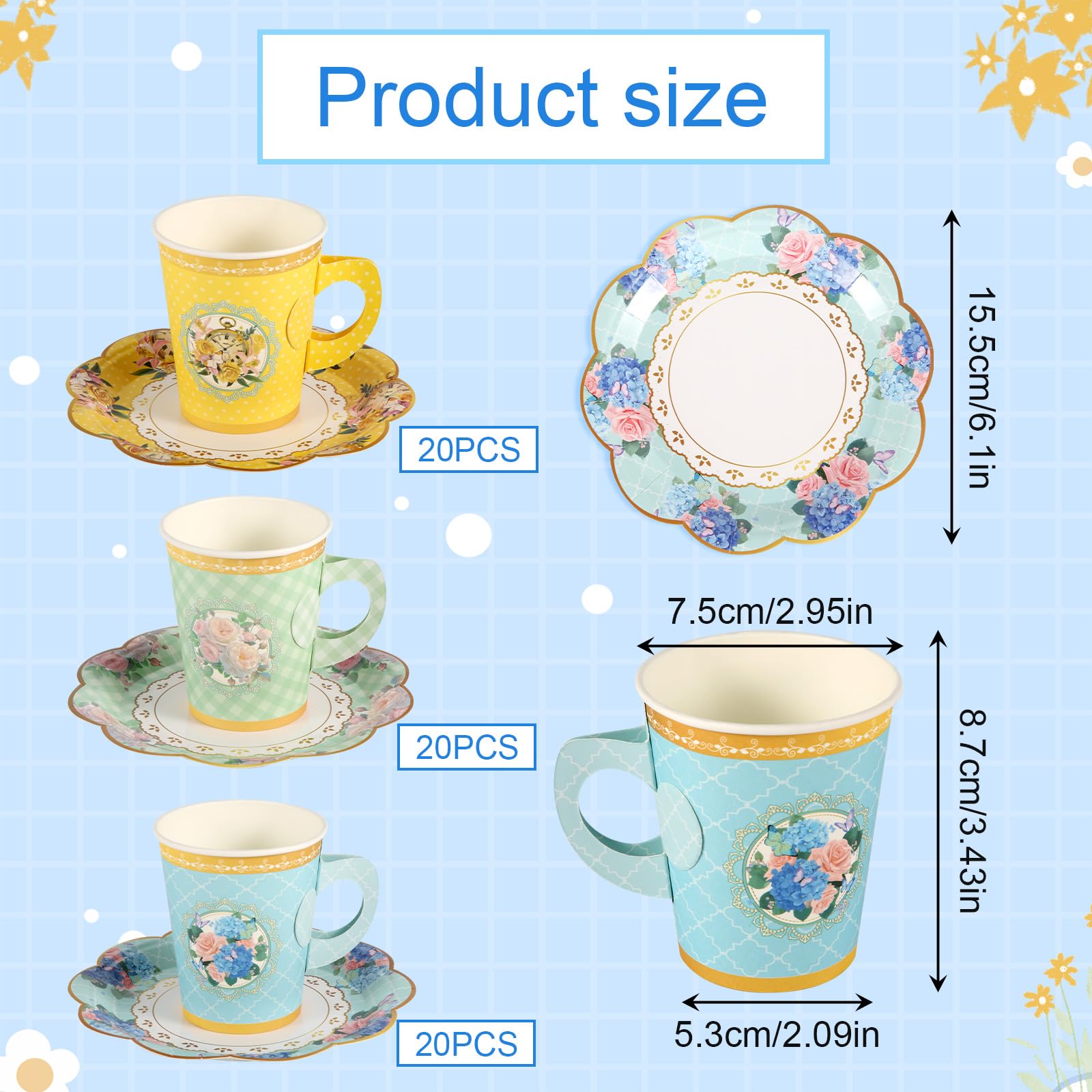 120uds Juego de Vajilla Desechable, Vajilla de Papel 60 Tazas de té de Papel con Asa 60 Platillos de Encaje Vajilla Floral para Fiesta para Niñas Suministros para Fiesta de té