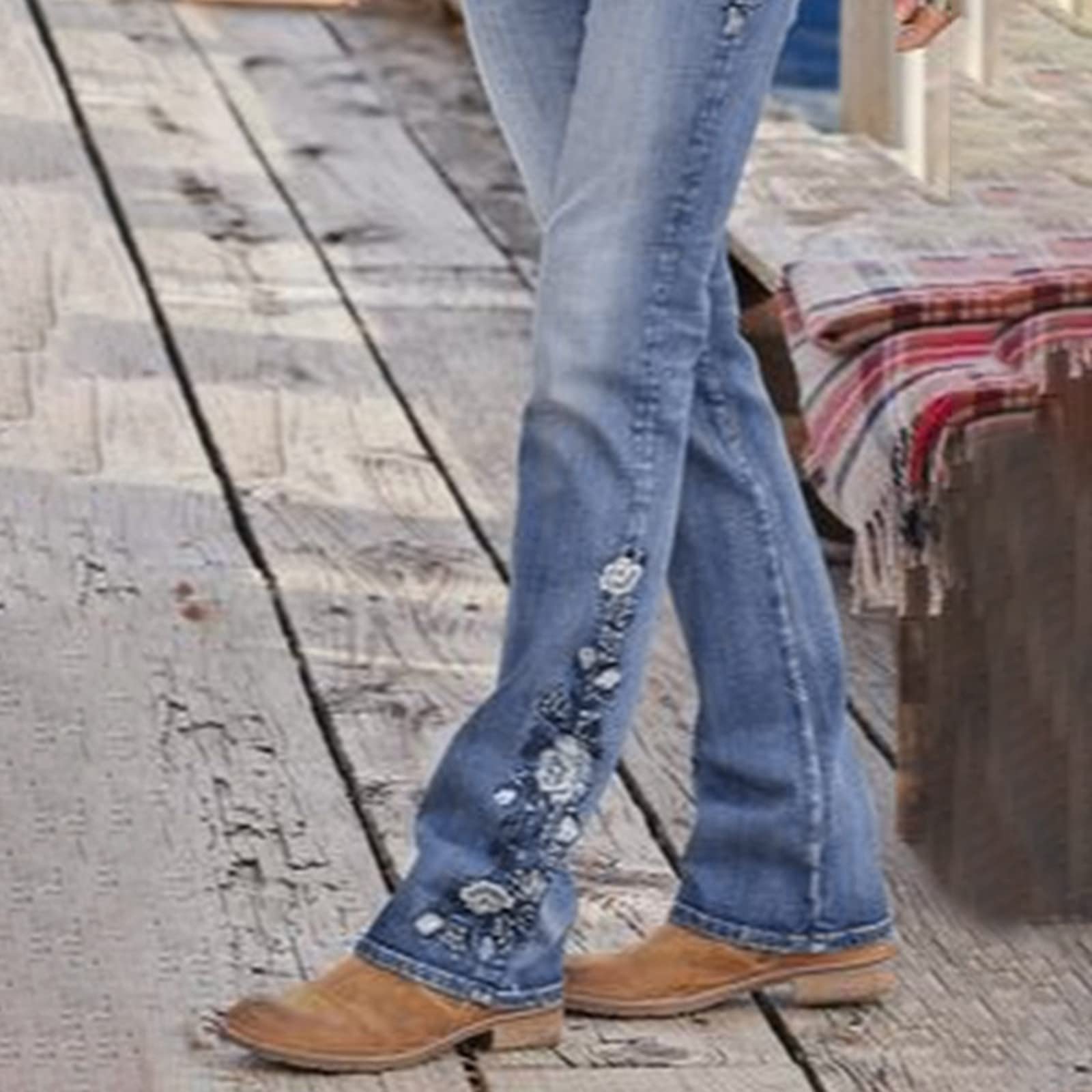 Jeans da donna a vita alta, a gamba larga, jeans svasati, stile anni '70, elasticizzati, con tasche, elasticizzati, per il tempo libero, comodi, per l'uso quotidiano e l'ufficio