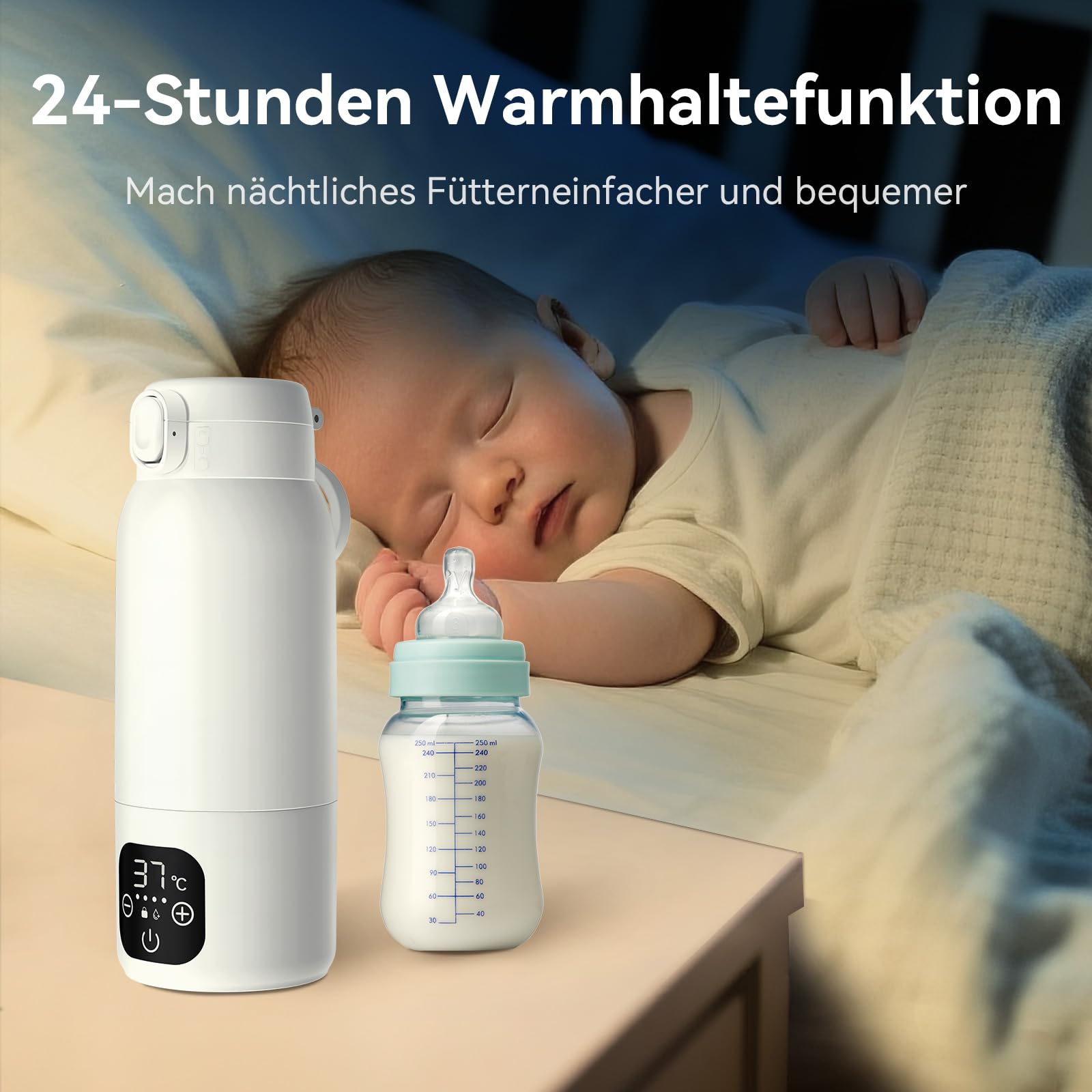 Tragbarer Flaschenwärmer Baby Unterwegs, 3 min Schnellheizung für Muttermilch und Wasser, 500ml Kapazität mit Pasteurisierung und präziser Temperatursteuerung, 11000mAh Akku