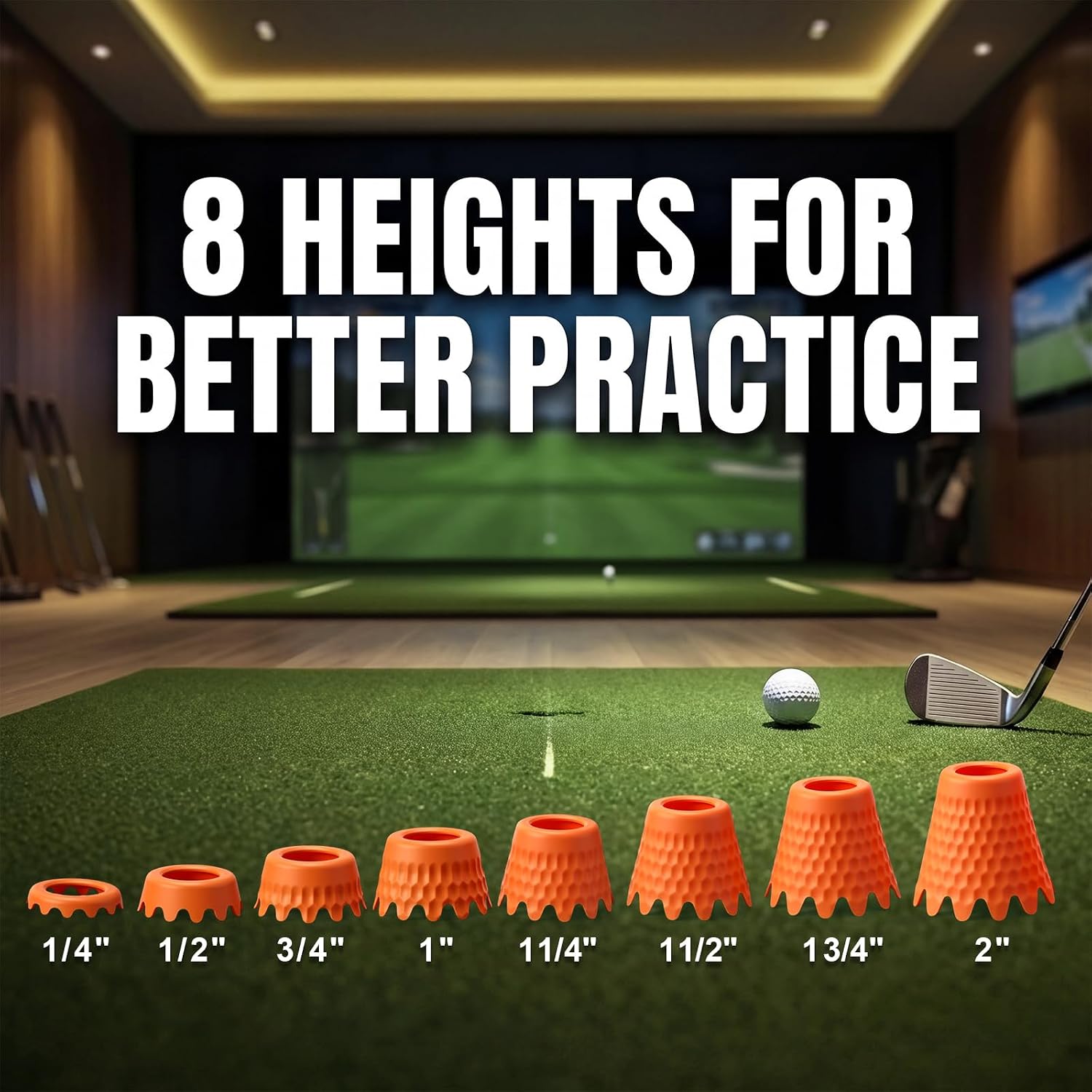 Plastic Golf Simulator Tees, 1/4 to 2 Inch | Indoor Golf Tees in 8 Heights, Plastic Golf Sim Tees for Practice Mats, Home Simulators, Driving Ranges and Winter Training