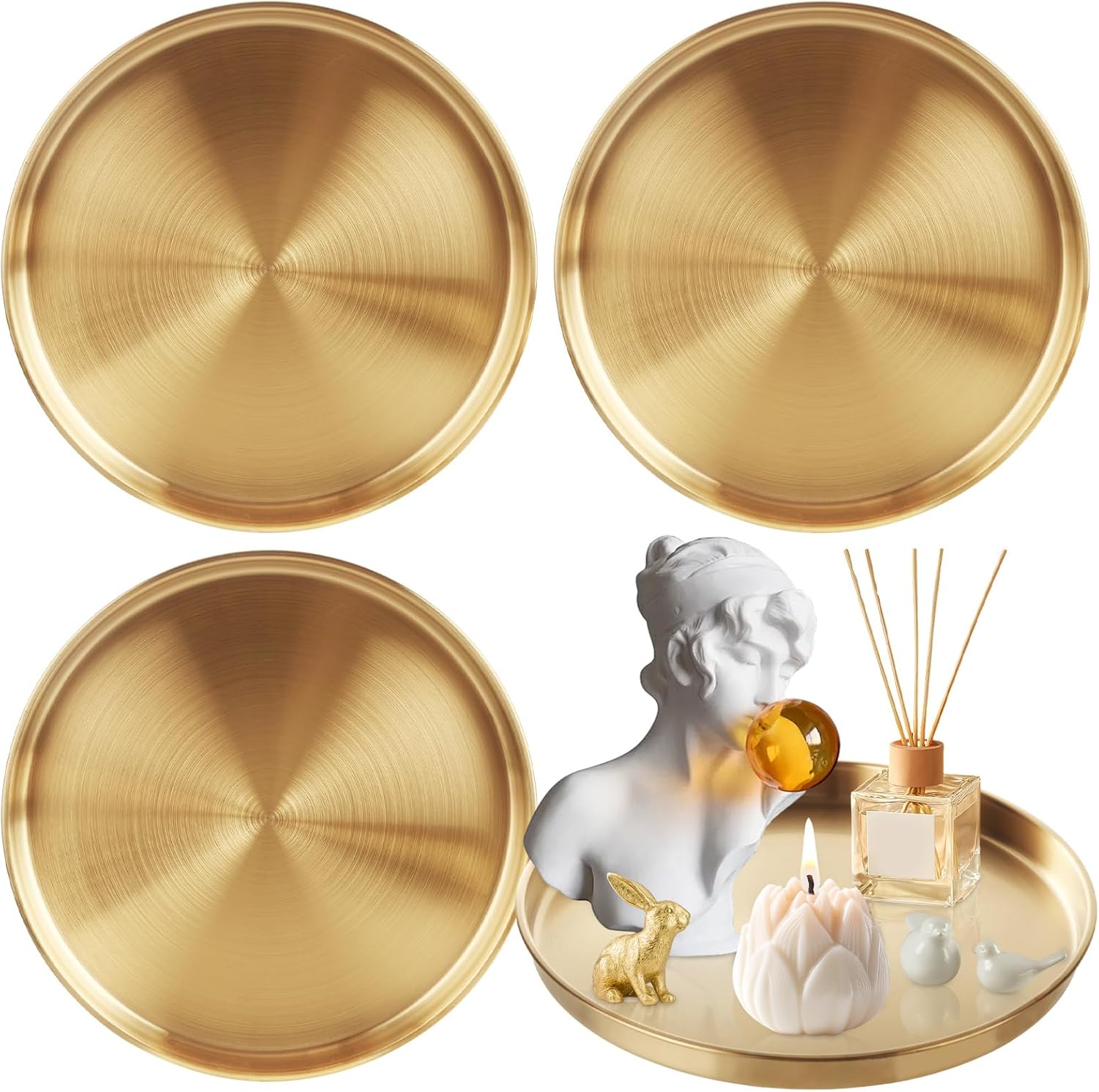 4 Pack 12 Inch Gold Round Serving Tray, Stainless Steel Decorative Vanity Tray, Key Bowl Mirror Dresser Vanity Tray Jewelry Makeup Organizer for Bathroom, Candle, Perfume, Countertop
