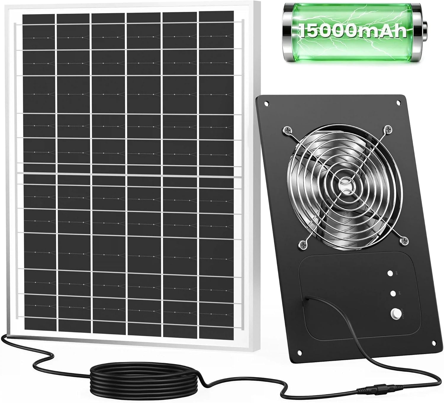 Solar Fan for Chicken Coop with Battery and Timer, 25W 24000 mAh Solar Powered Exhaust Fan for Greenhouse, Outdoor, Shed, Vent, Doghouses, Windows, RV, High Wind Speed, Rainproof