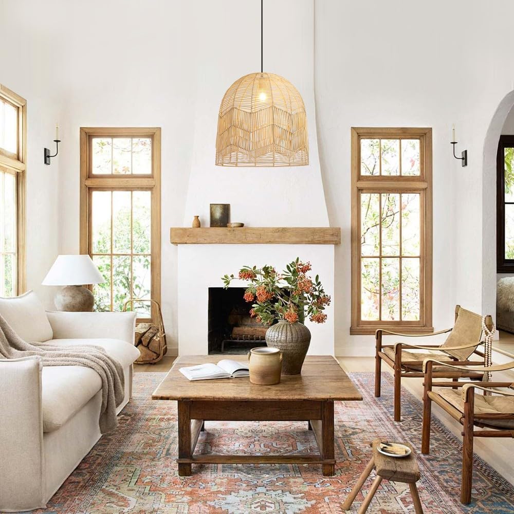 IMMAX BOHO PELO - Lampadario a sospensione di design, D50 cm, E27, rattan naturale