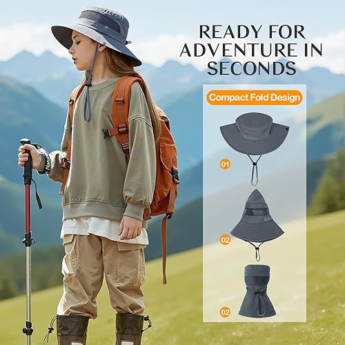 Vista 13 de Kids Sun hat for Girls Boys Outdoor Breathable Sun Protection UPF 50+ Cap Wide Brim Summer Beach Bucket hat