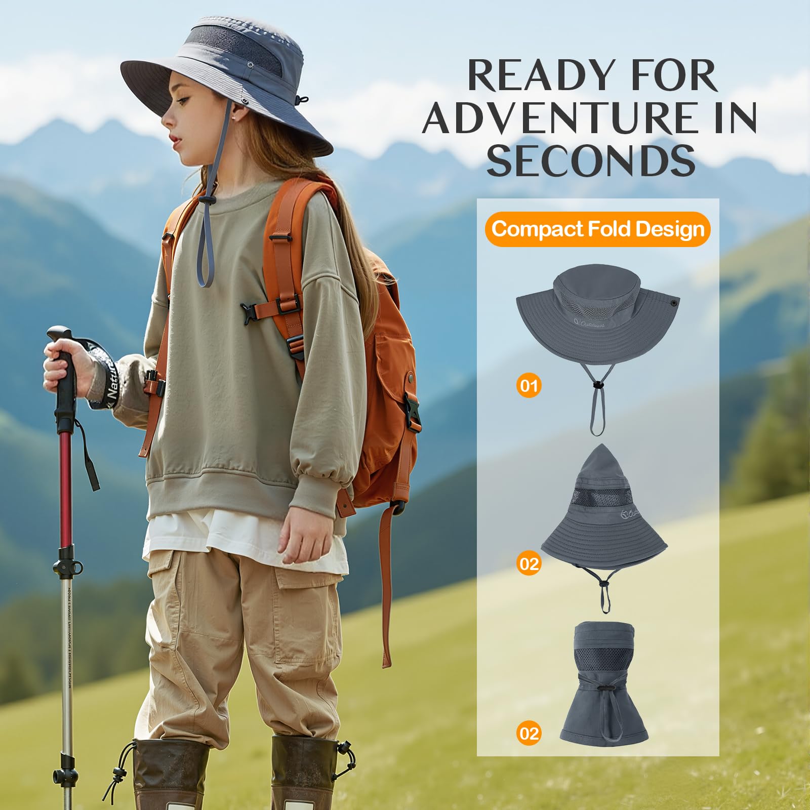 Cappello da sole per bambini, cappelli da pesca per ragazzi e ragazze, UPF 50+, a tesa larga, per bambini, escursionismo, safari