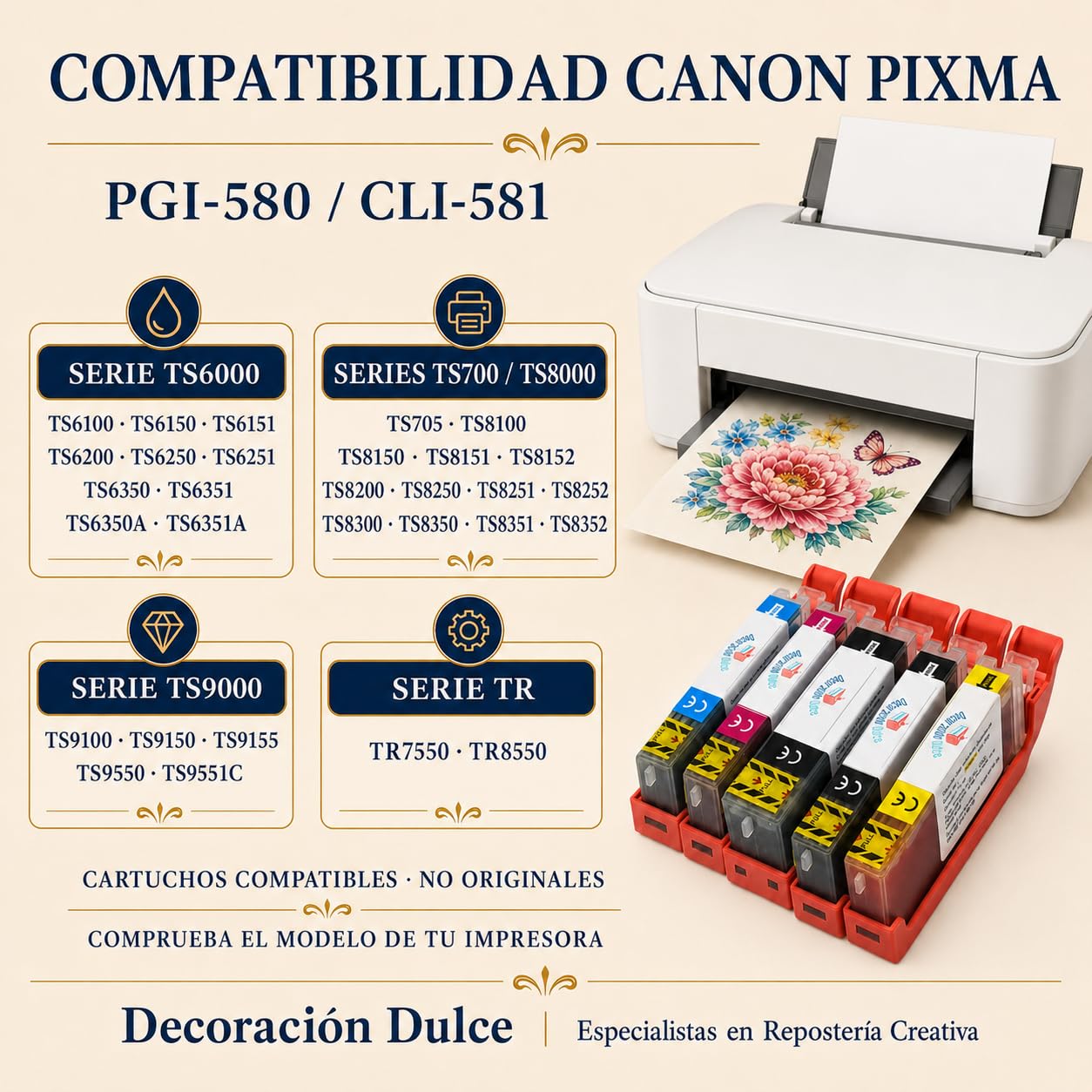 5 X Cartuchos Comestibles compatibles con Canon PGI-580 Y CLi-581. La Tinta Comestible no Contiene Gluten. Comprobar compatibilidades Antes de Comprar