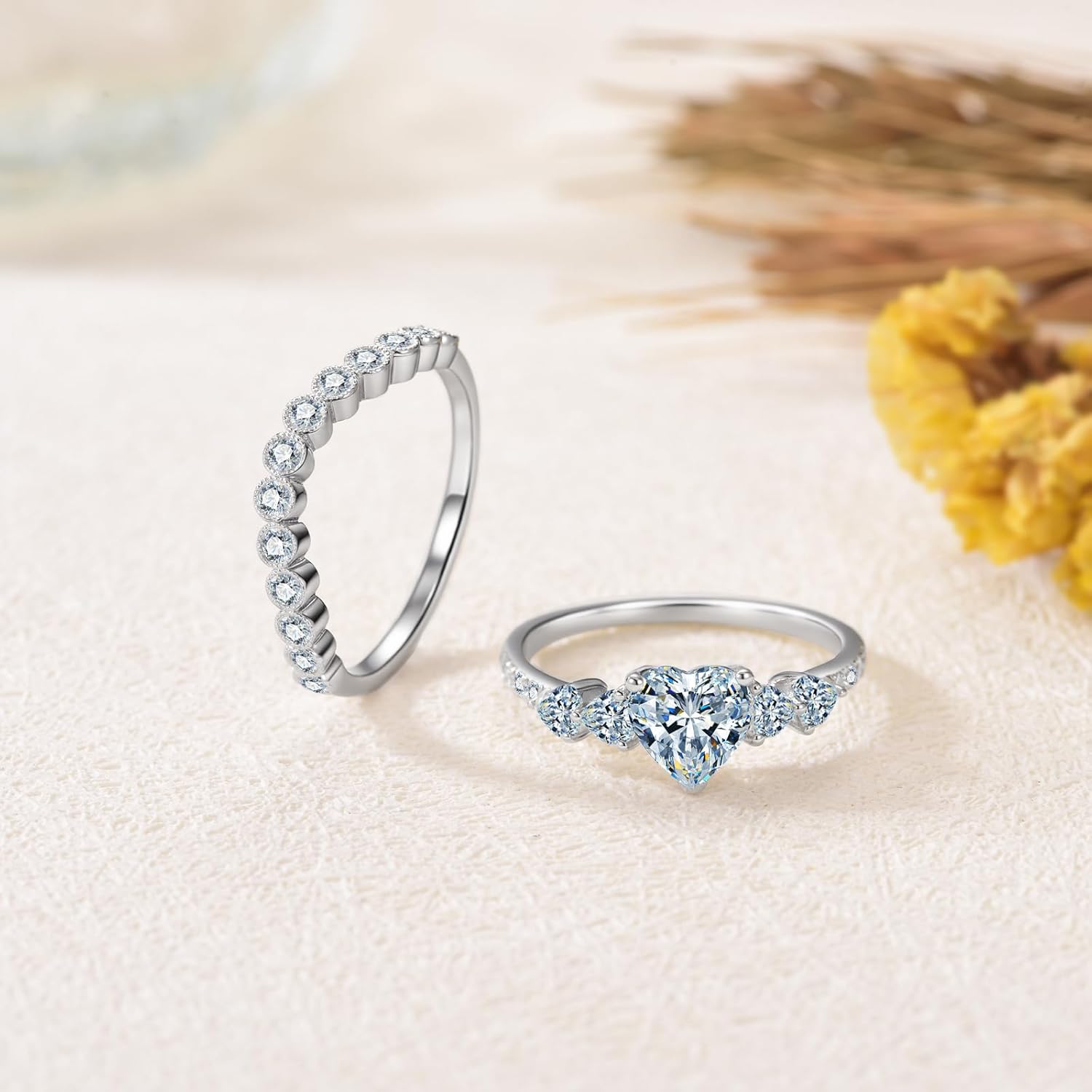 925 Sterling Silver Heart-Cut Moissanite Engagement Ring Sets, 1-2/5 Carats Moissanites Wedding Rings Sets 18K White Gold Platinum Plated Bridal Ring Sets for Her Women Gift for Anniversary Wedding