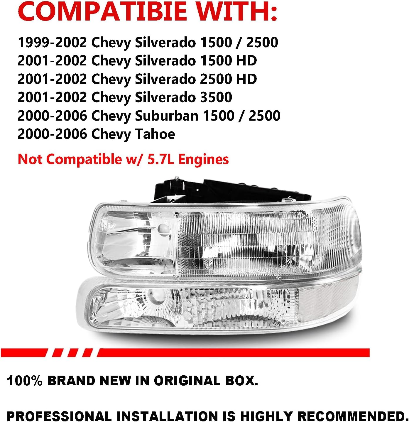 Clear Headlight Assembly Compatible with 1999 2000 2001 2002 Chevy Silverado 1500 2500 3500 00-06 Chevy Tahoe Suburban w/Bumper Turn Signal Lights