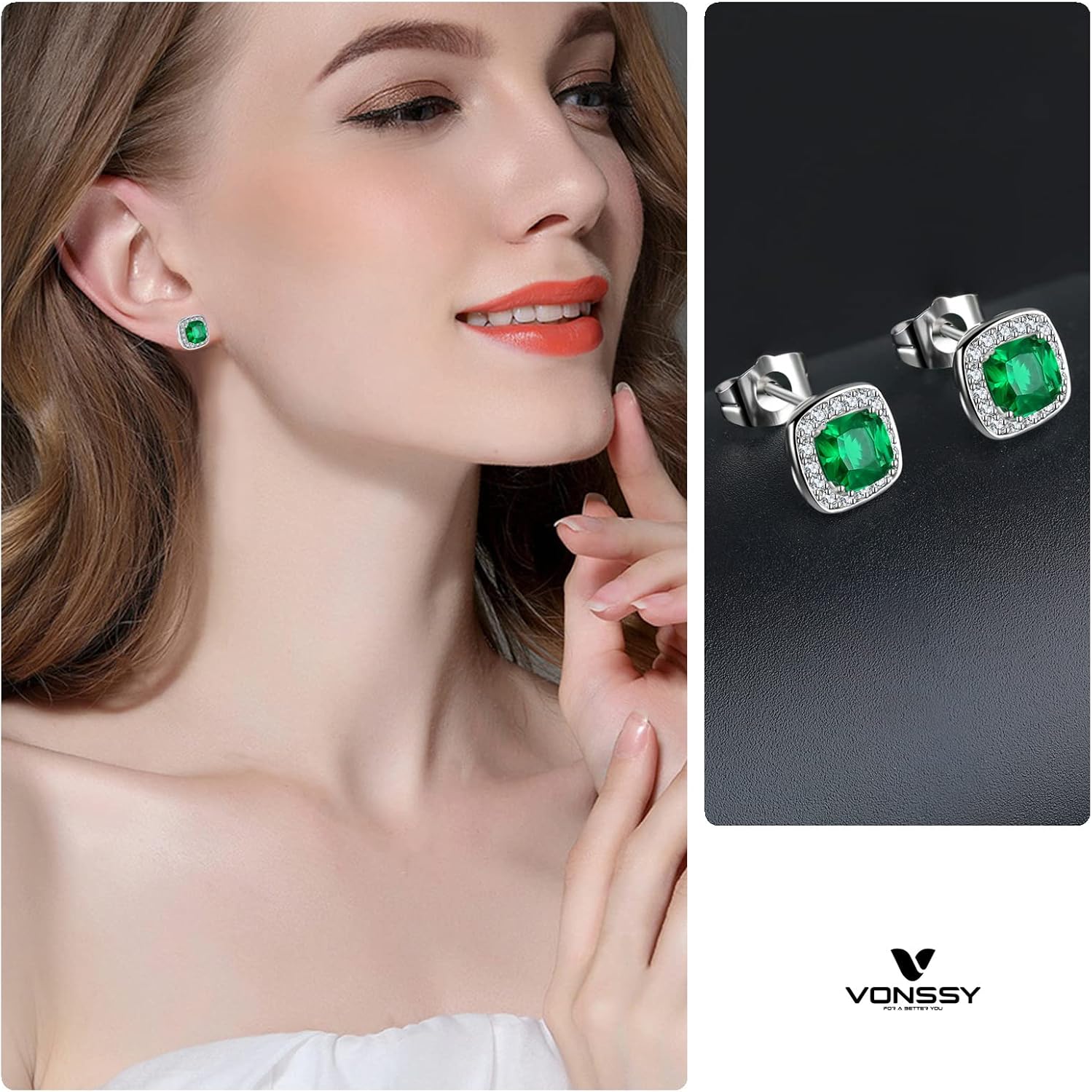 VONSSY Hypoallergenic Gemstone Stud Earrings, Brilliant Cubic Zirconia Crystal Earrings, 925 Silver Posts Nickel Free, Created Diamond Square Earrings Jewelry Gift for Women Wife Mother Daughter