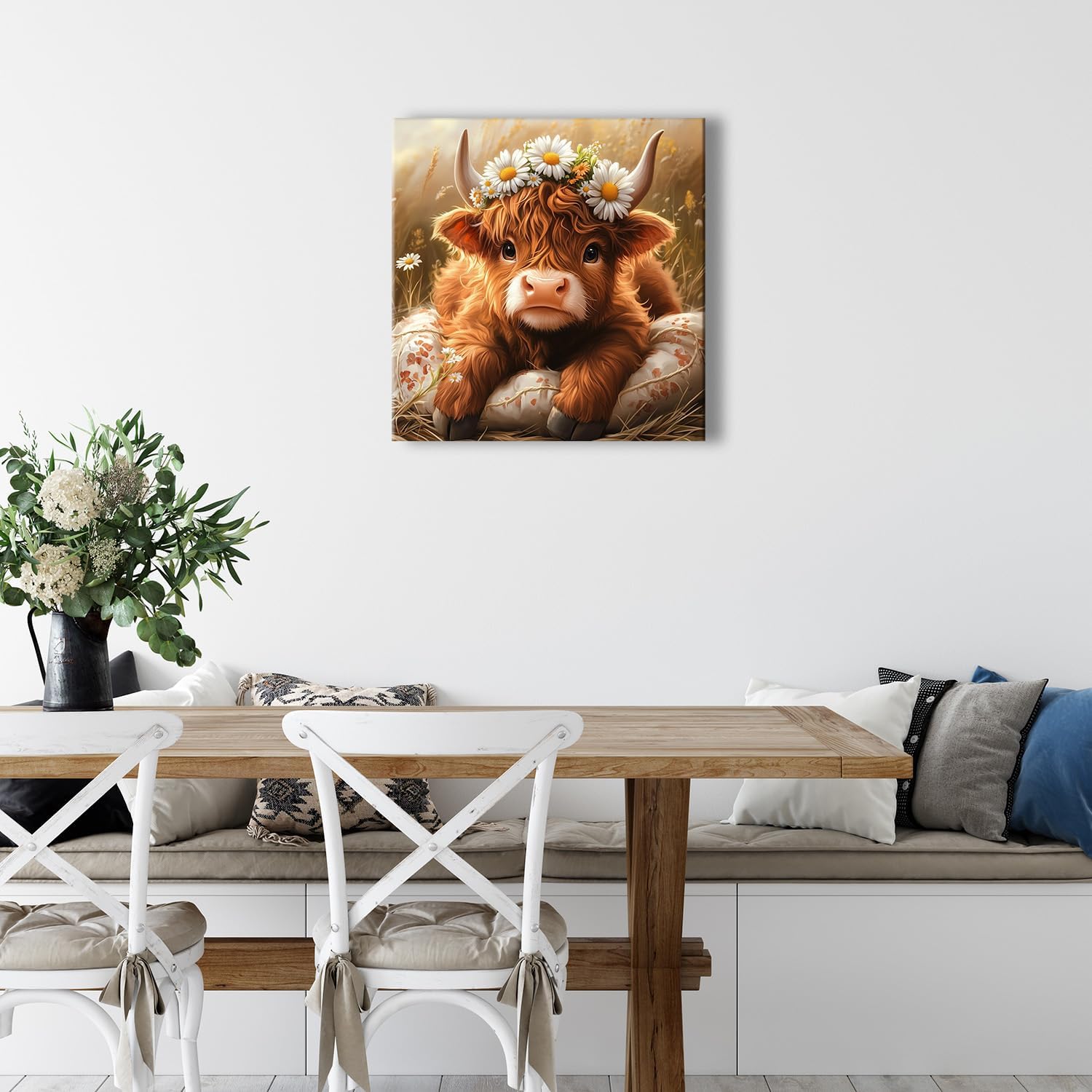 Ypxzzj Cute Colf with Daisy Crown Farm Canvas Wall Art Rustic Highland Cow Poster Picture Wall Decor Vintage Farmhouse Style Decor for Living Room Bedroom Nursery Room (20''x20'')