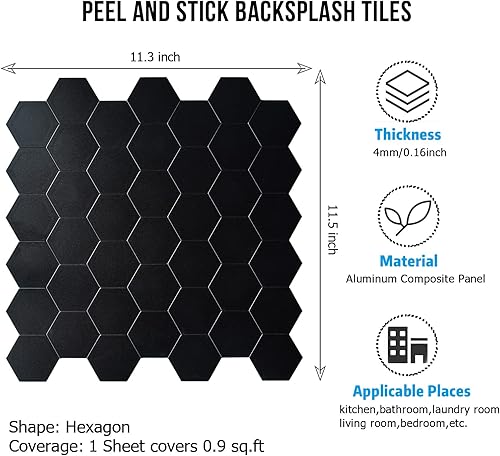 Miniatura 2 de Azulejos hexagonales negros para despegar y pegar, azulejos de pared de mosaico de aluminio autoadhesivos para cocina y baño (1 hoja)