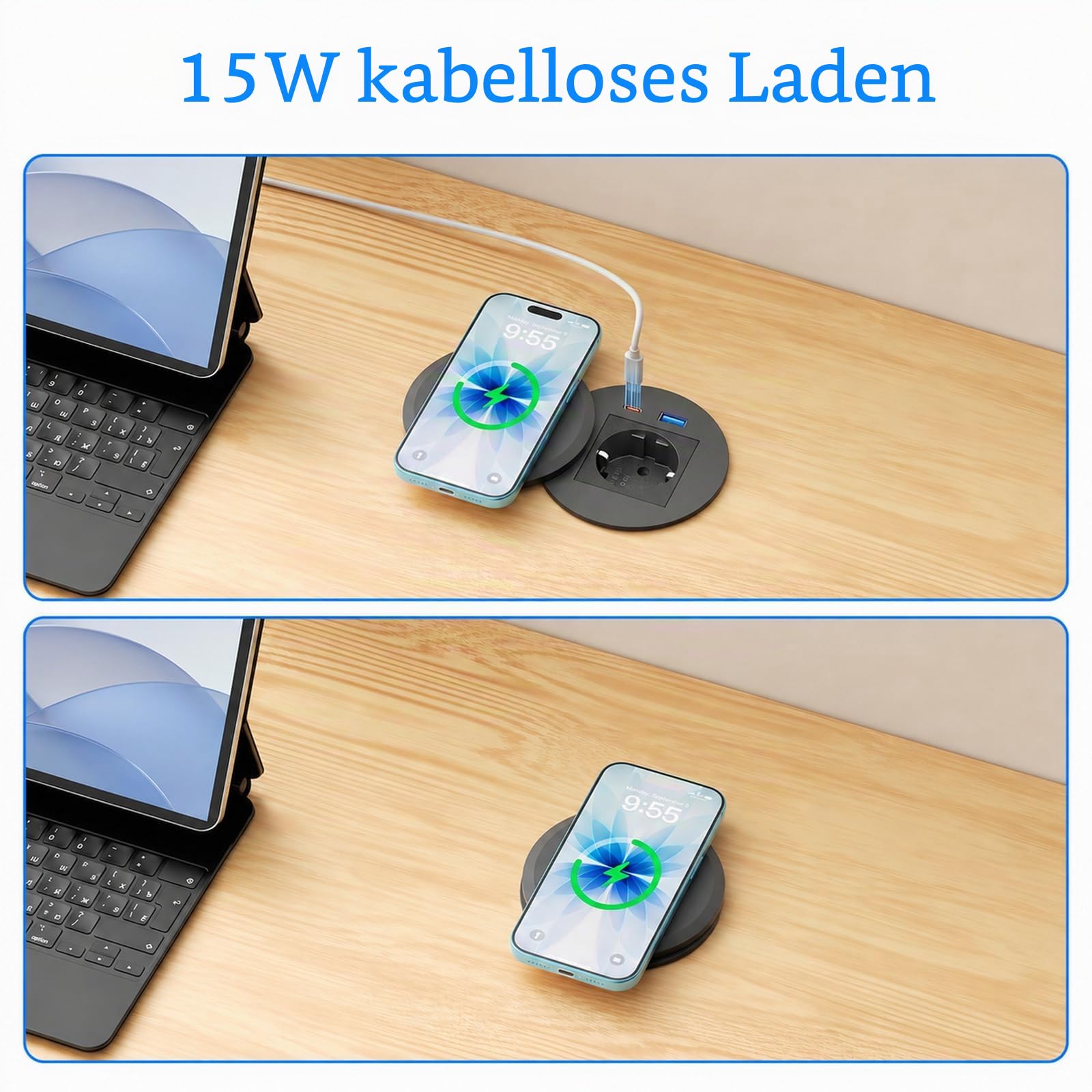 Einbausteckdose mit USB-C PD 30W und 15W Qi-Laden, Ø80 mm