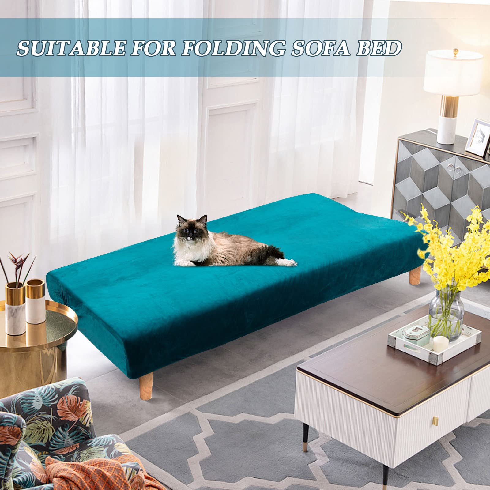 Armlose Schlafsofabezüge, Stretch-Samt Futon Couchbezug Dicke weiche gemütliche Sofa Schonbezug Möbelschutz für 2-3-Sitzer armloses Klappsofa