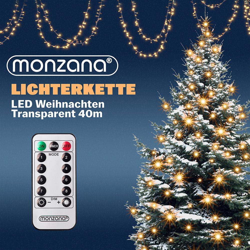 Monzana Luci di Natale Interno Esterno Timer Telecomando 400 Led IP44 8 Modalità Bianco Caldo Addobbi Natalizi