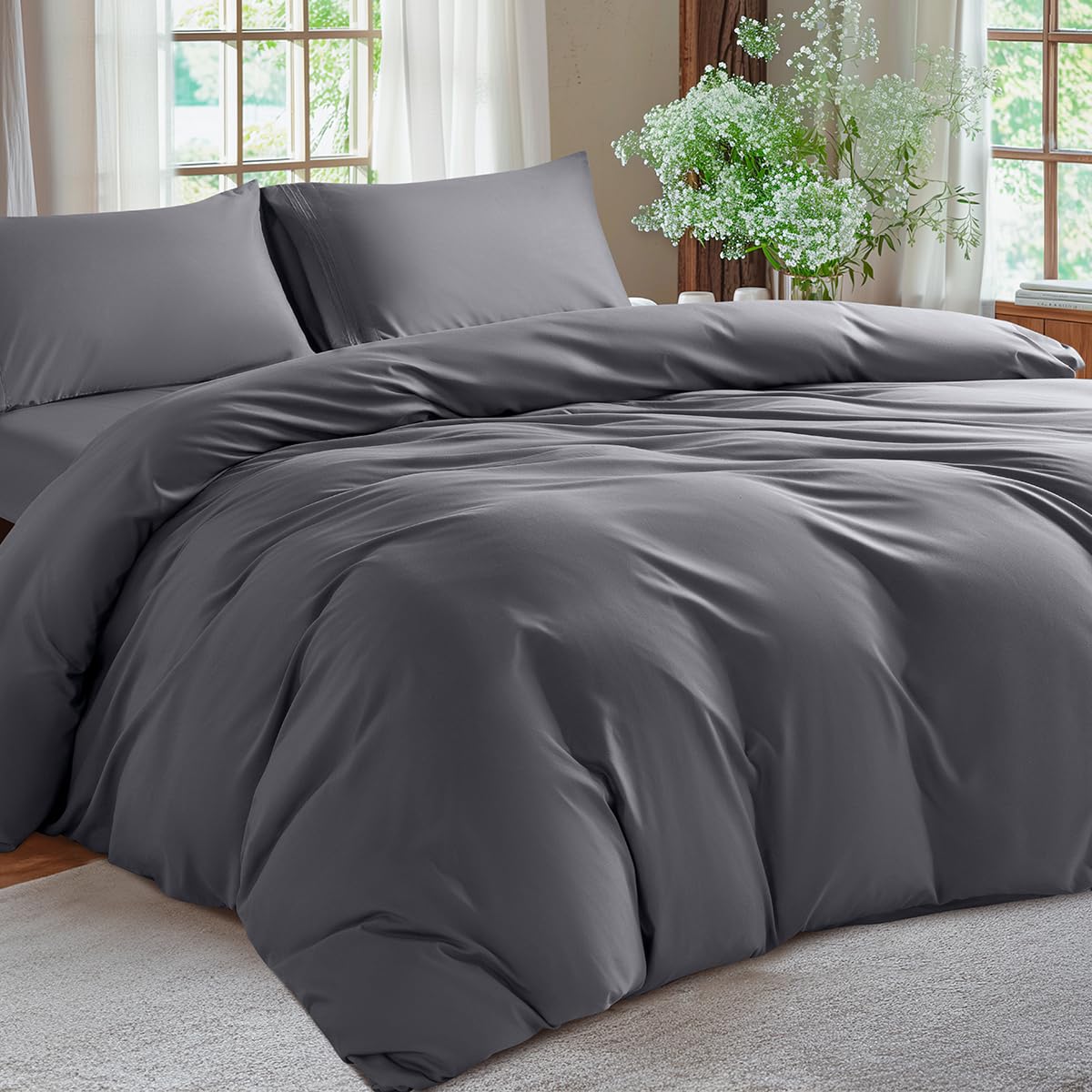 Shilucheng Duvet Cover Queen Size Set - Premium 1800 Ultra-Soft Brushed Microfiber - 3pcs All-Season Size Bedding for All Seasons, Includes 1 Duvet Cover & 2 Pillowcases(Drak Gray-30,Queen)