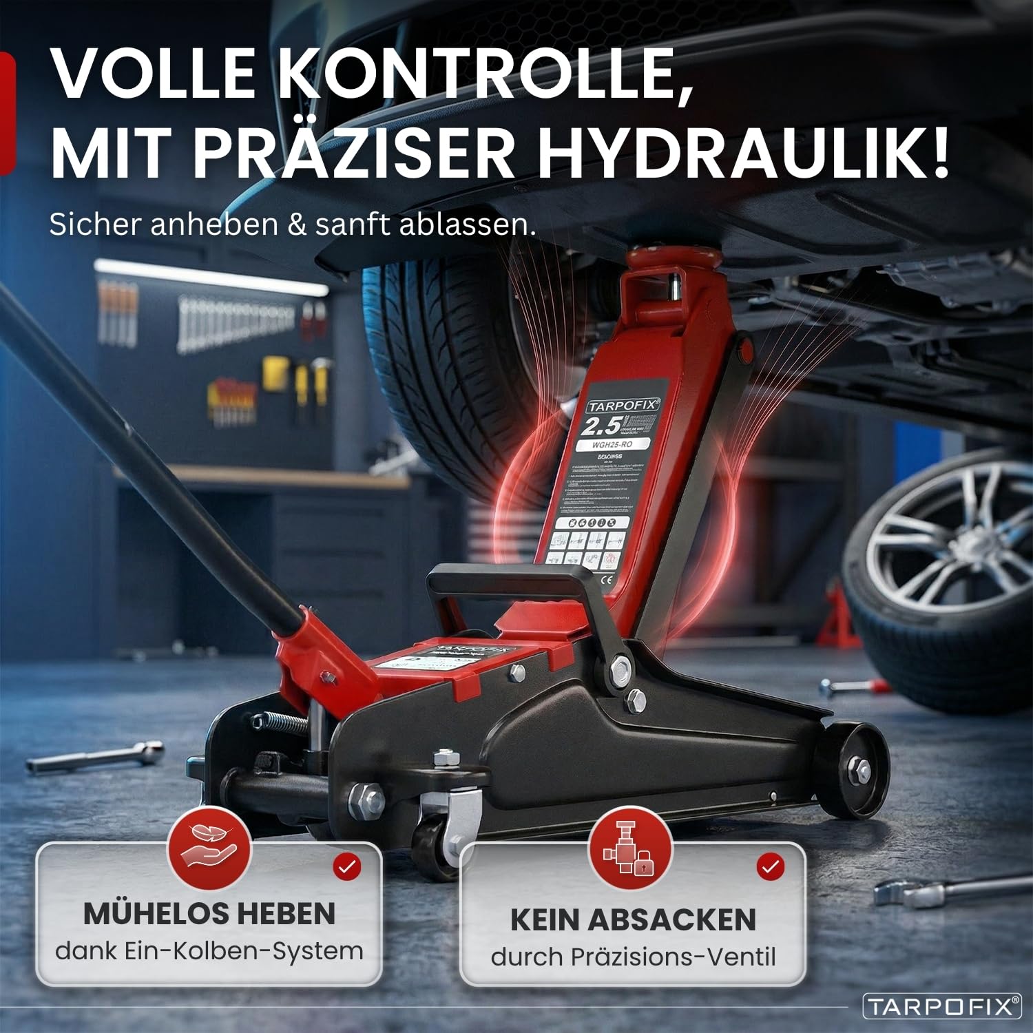 Tarpofix® Wagenheber 2,5t hydraulisch (85-380 mm Hubhöhe) | Premium-Komplettset Rangierwagenheber 2,5t mit Koffer | Hydraulischer Wagenheber flach für SUV & tiefergelegte Autos | Rot