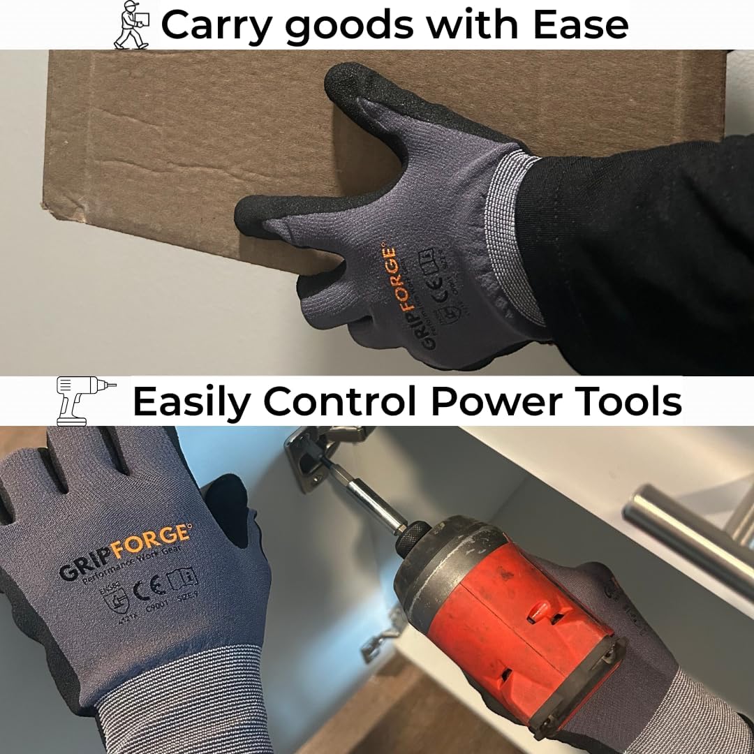Work Gloves, 6 pairs, Non-Slip Nitrile Grip, Seamless Nylon, for Mechcanics & Construction