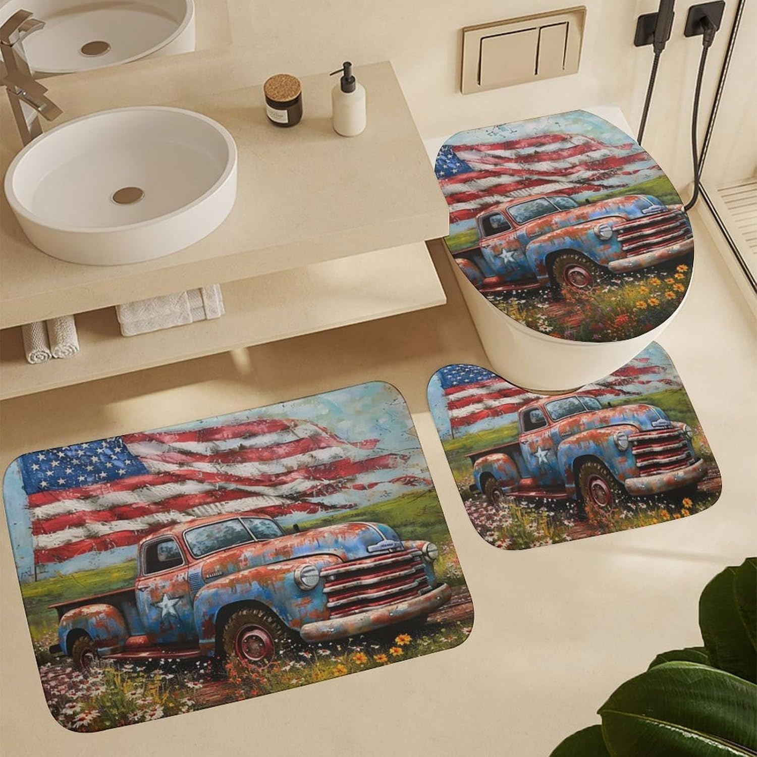 4Pcs Classic Car American Flag Shower Curtain Sets, Bathroom Decor Set with Rugs, Bath Mat Colorful Daisy USA Patriotic Shower Curtain, 72 X 72 Inch