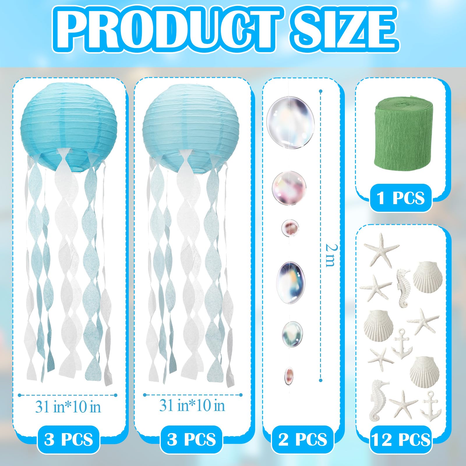 VioraWhite 21 piezas de decoración de fiesta de cumpleaños de playa oceánica, 6 linternas de papel de medusas colgantes de 9.8 pulgadas, 12 conchas de resina, 2 guirnaldas de burbujas para decoración