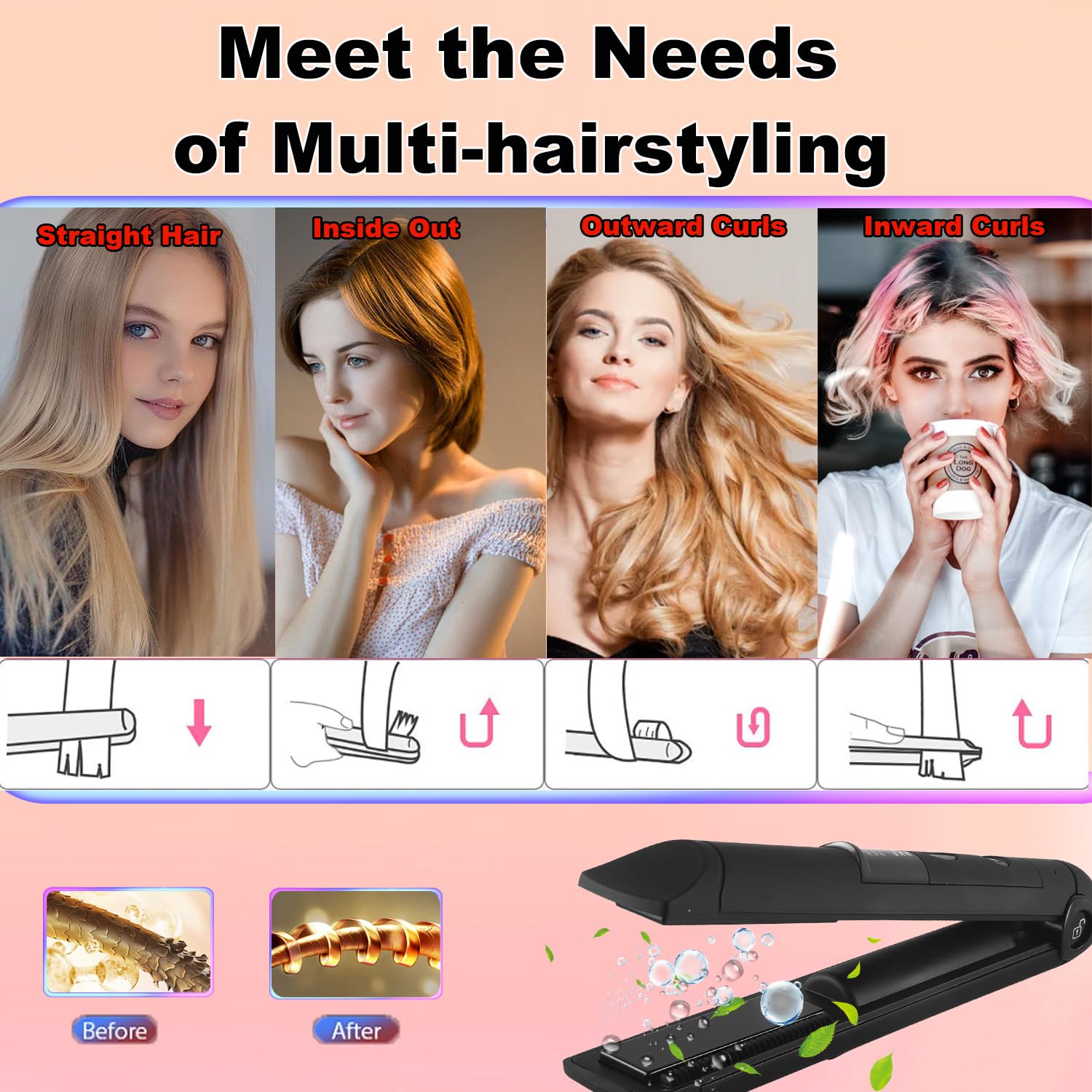 Glätteisen und Lockenstab 2 in 1 Mini Klein Kabelloser Akku Tragbares Reise Locken und Glätten, 3 Ainstellbaren Temperaturen, Schnelle Erwärmung Haarglätter und Lockenwickler für Lange kurze Haare