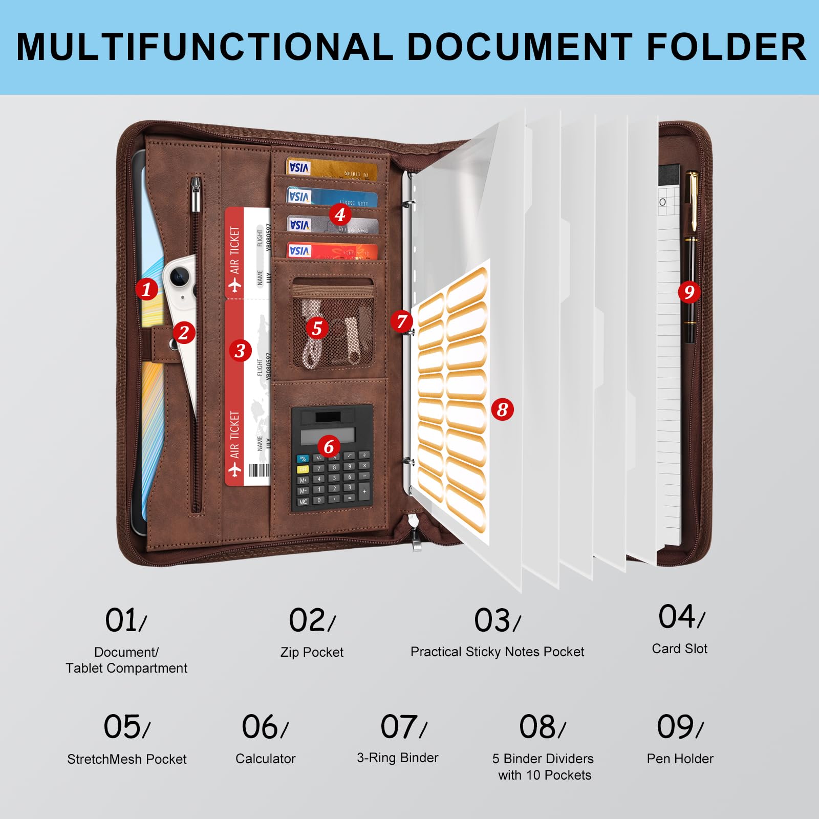 Eshow Portfolio Organizer – Raccoglitore a 3 anelli con cerniera, in pelle vegana, con blocco note, include 5 protezioni trasparenti per fogli per documenti, per uomini e donne