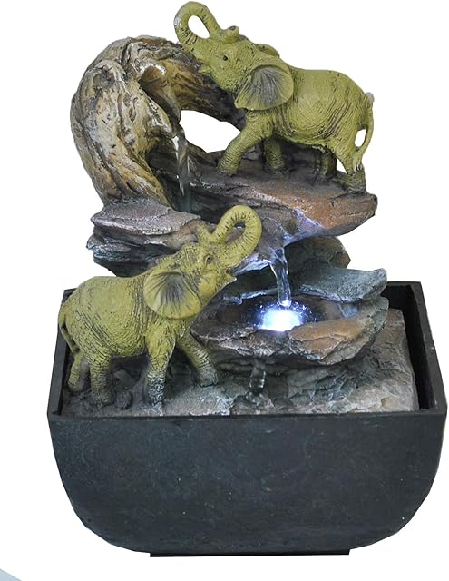 Creative Touch Elephant Oasis Indoor Water Fountain with LED Light | Size 13.3 * 13.3 * 18 Cm | 3 Pin UK Plug Included