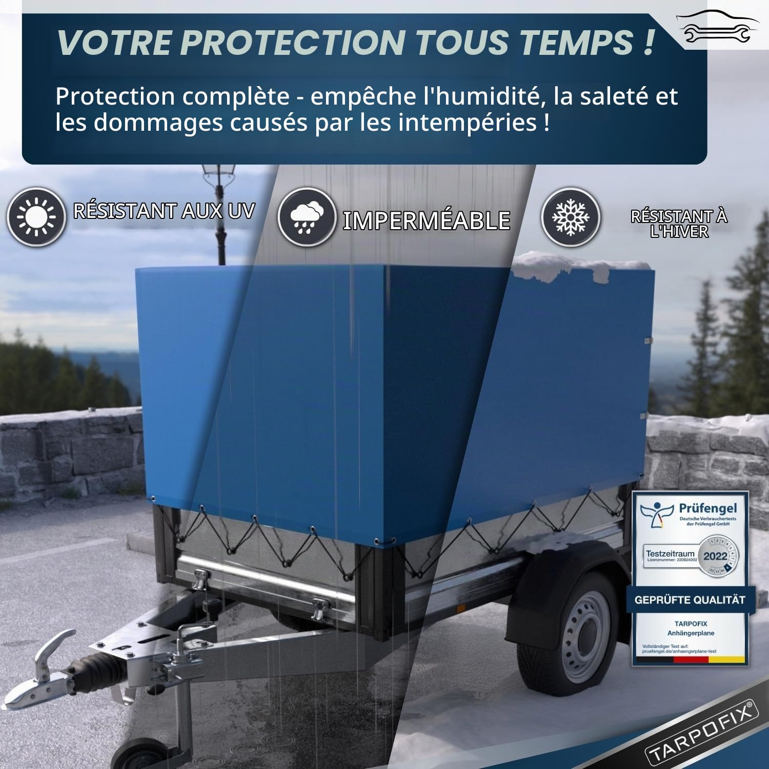 Tarpofix® Bâche de Remorque Haute 210 x 115 x 110 cm & Corde - PVC Robuste Durable - Couverture Idéale pour Divers Modèles de Remorques de 750kg