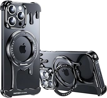 Case for iPhone 16 Pro Max/16 Pro, Compatible with MagSafe 360 Rotating Kickst Metal Ultra-Thin Lightweight Sleek Minimalist Frameless Hollow Design Case Black, 16 Pro