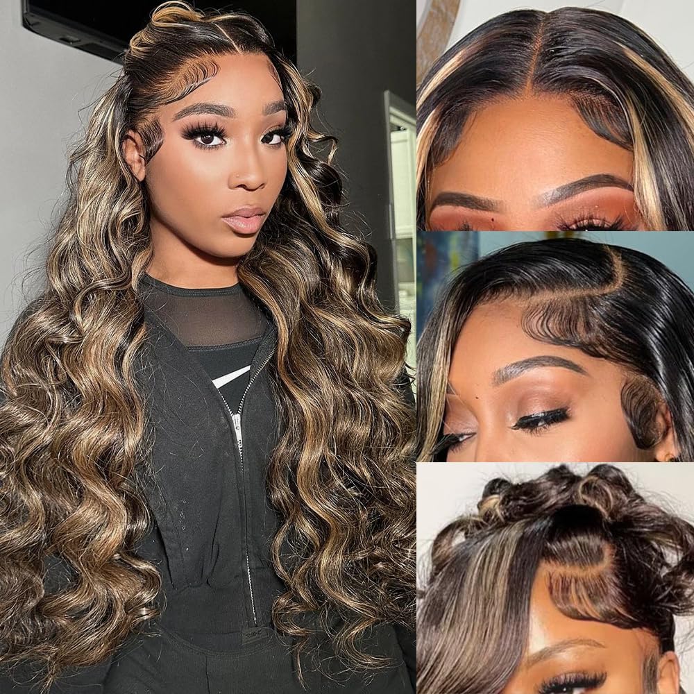 Avolo Ombre Lace Front Wig Human Hair Pre Plucked 1B/27 Highlight Wig Human Hair Body Wave 13x4 HD Lace Frontal Wigs Human Hair 180% Density Colored Wigs Human Hair skunk stripe wig 32 Inch