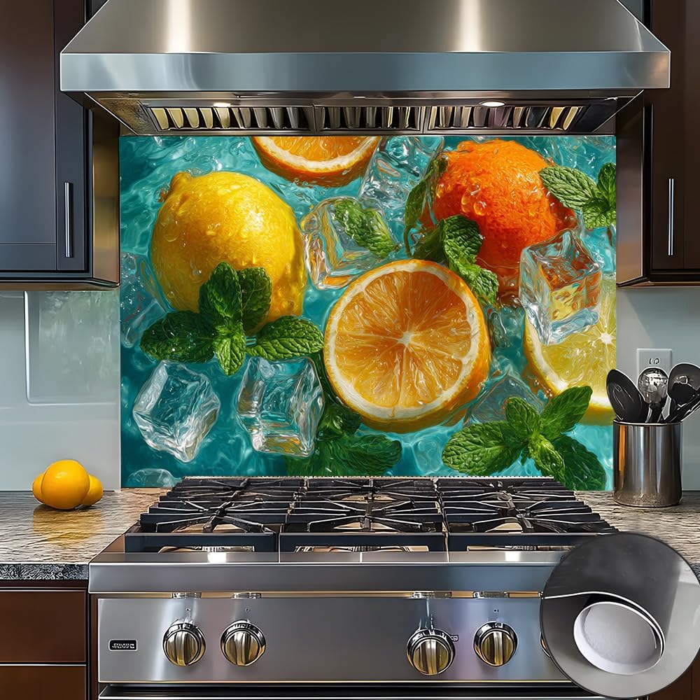 Kitchen Backsplash Wallpaper Peel and Stick Backsplash Oil Proof Sticker Citrus Ice Stove Wall Decor 35.4 x 23.6 Inch