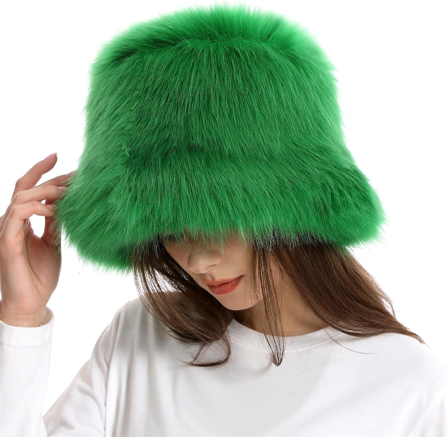 Reyox Women Winter Fuzzy Bucket Hat Warm Solid Color Faux Fur Fisherman Cap - Image 3