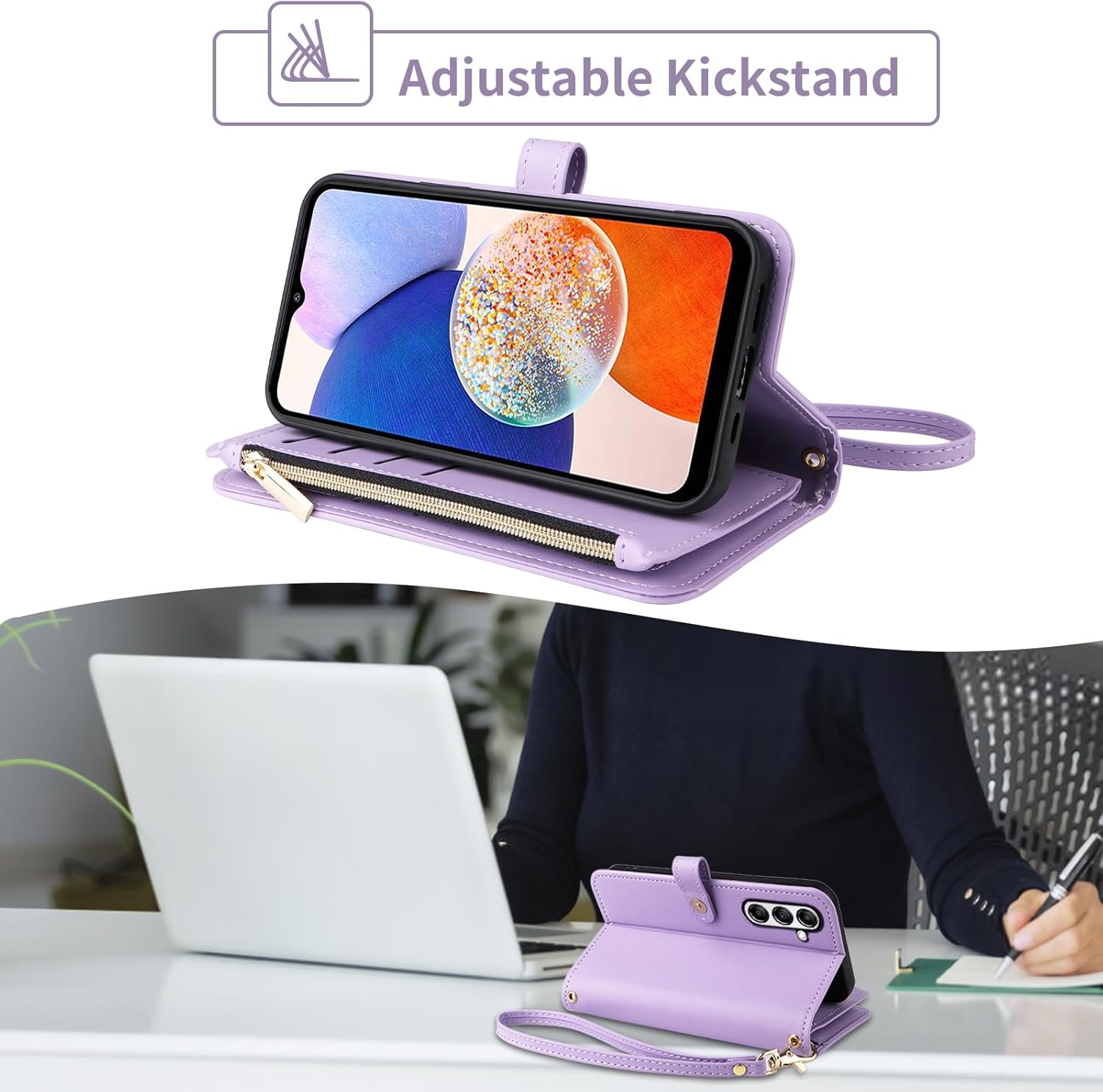 Wallet Case for Samsung Galaxy A16/A17/A26 5G with Wrist Strap Flip Zipper Credit Card Holder Soft Stand Argyle Pattern Phone Cover for A 16 17 26 16A 17A 26A 4G SM-A166U Women Girls Purple