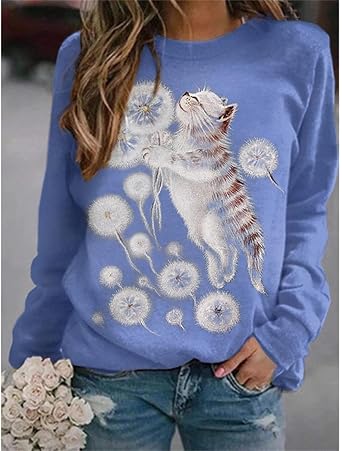 IVERIRMIN Women's 3D Cute Cat Print Sweatshirt Casual Long Sleeve Crewneck Cute Cat Pullover Loose Fit Shirts