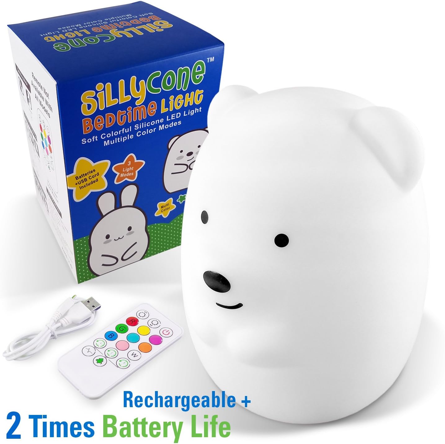 SillyCone Soft Silicone Rechargeable LED Children's Night Light with Remote and Extended Life 2,000 mAh Battery and USB Cable for Charging (Bear)
