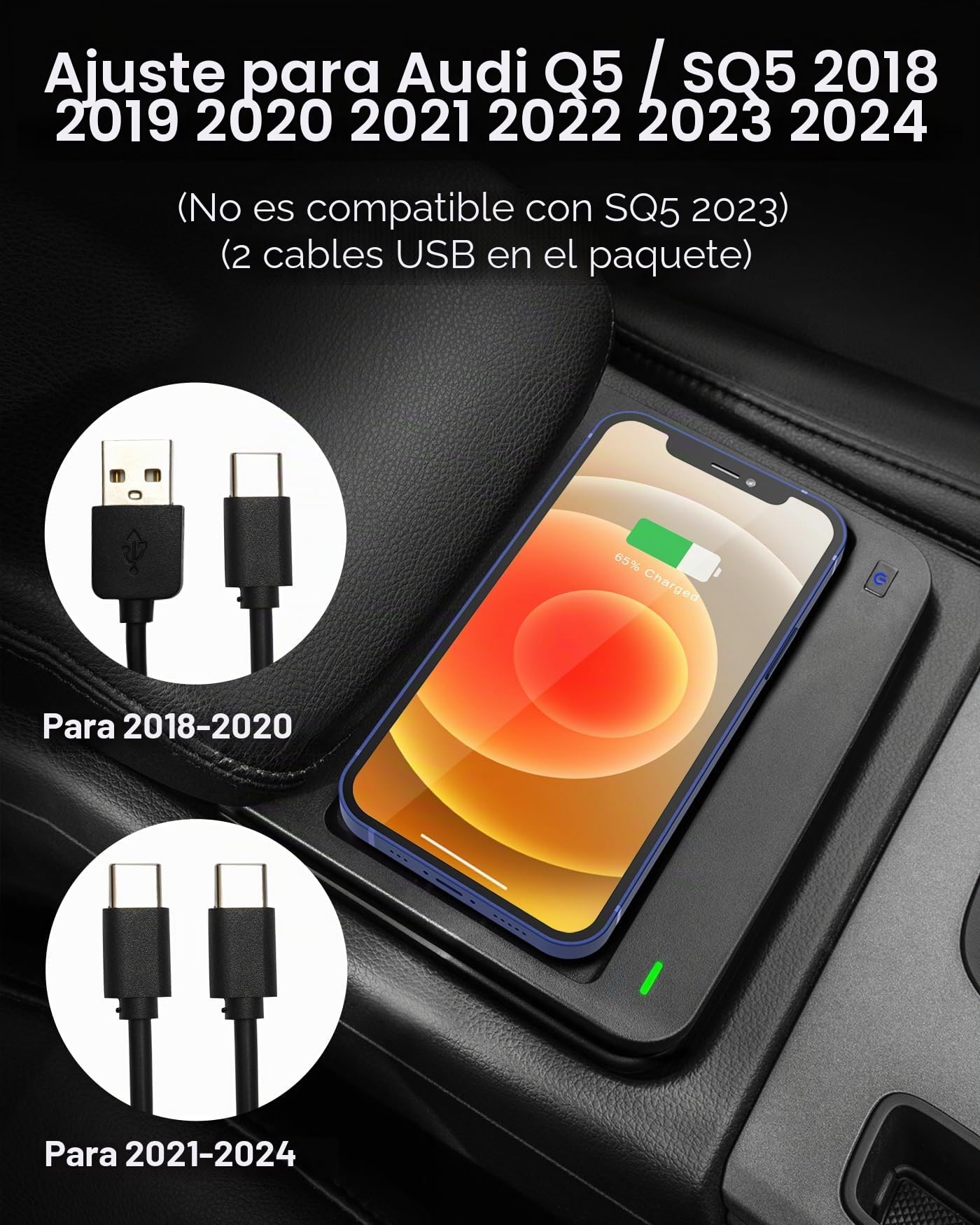 Cargador de teléfono inalámbrico de coche para Audi Q5 2018-2024/SQ5 2018-2022 2024, alfombrilla de carga para Audi Q5 SQ5 2018 2019 2020 2022 2023 2024 accesorios interiores (no compatible con