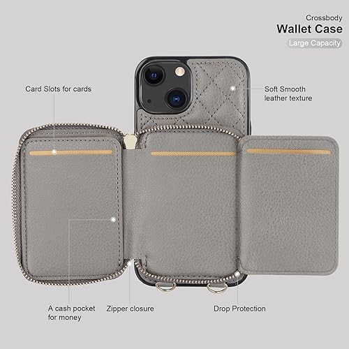 Miniatura 7 de Bocasal Funda tipo cartera cruzada para iPhone 13, con bloqueo RFID, de piel sintética, con cremallera, funda tipo cartera con función atril y