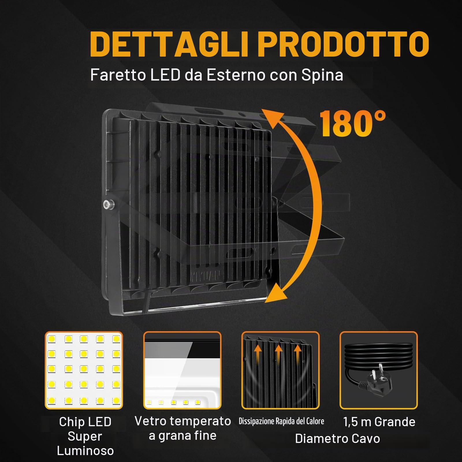 SKYWORLD Faretto LED da Esterno, 150W 15000LM Faretti Led con Spina | Proiettore Fari di sicurezza, IP66 Impermeabile Lampada Faro per Terrazza Giardino Cortile Patio Garage, 6000K Bianca Fredda