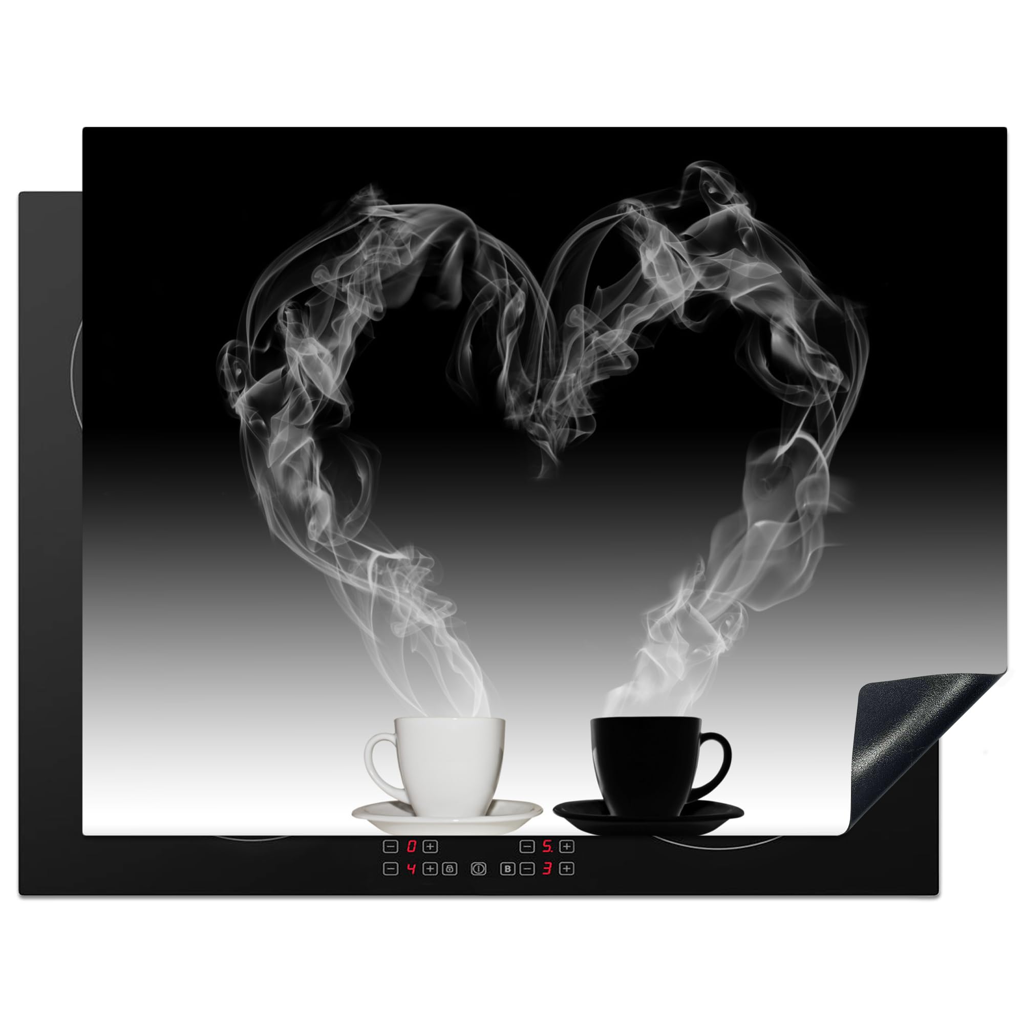 KitchenYeah© Induction Hob Cover Protector Mat 23.2"x30.3" / 77x59 cm Kitchen Universal Ceramic Covers for Electric Cookers Vinyl Coffee - Heart - Black and White - Cups