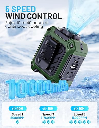 Miniatura 4 de Ventilador de cintura manos libres de 10000 mAh con clip para cinturón, 5 velocidades, enfriamiento de 40 horas y linterna incorporada, ventilador