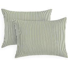Wake In Cloud - Striped Pillow Cases, Ticking Vertical Pin Stripe Modern Farmhouse Pattern Printed, Set of 2 Soft Pillowcases Pillow Shams Covers, Olive Green White, Standard Size 20x26 Inches