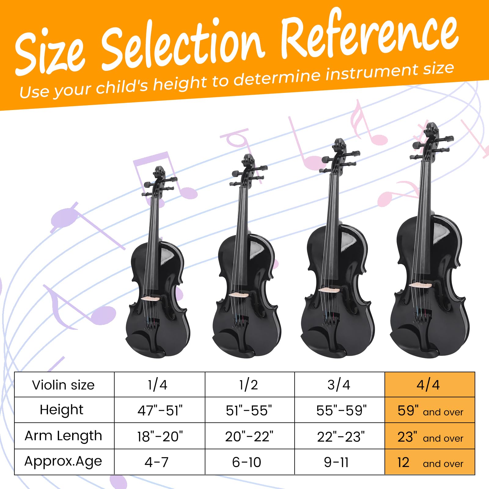 4/4 Violinen-Set in voller Größe, Geigen-Set, schwarz, akustische Violine für Anfänger und Erwachsene, mit Violinenkoffer