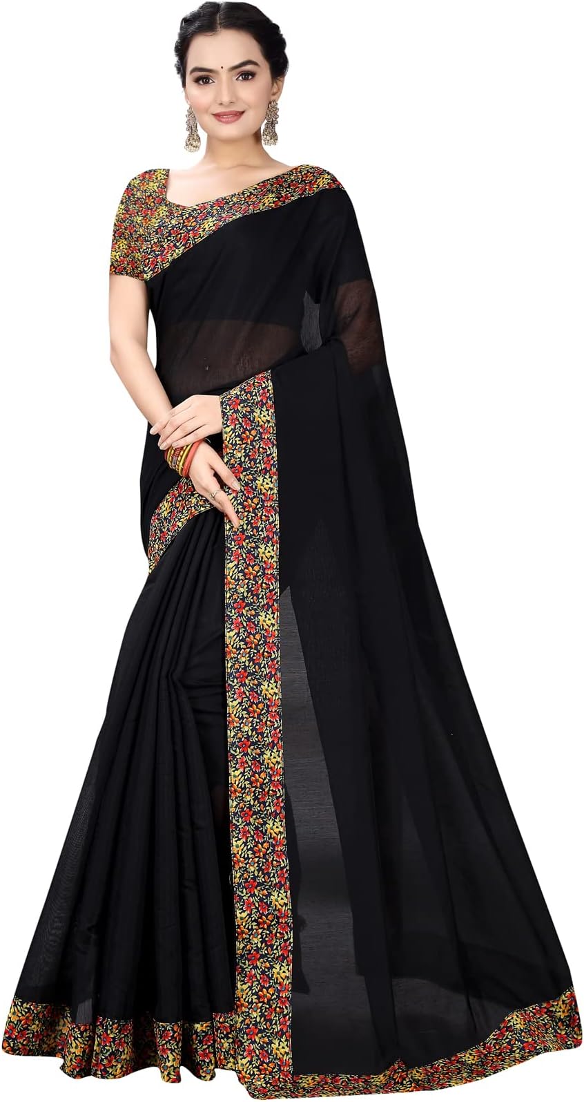 Manish Women's Chanderi Plain Lace Work Saree With Unstitched Blouse