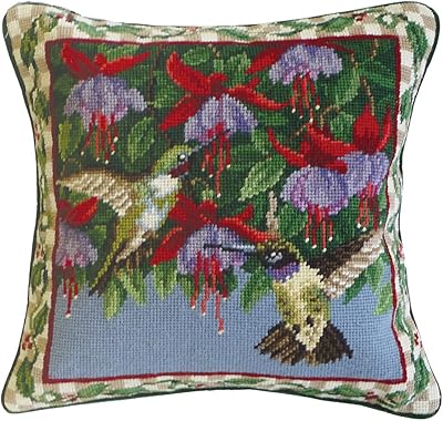 C&F Home Hummingbird & Fuschias Needlepoint July 4th Pillow 14 x 14 Green