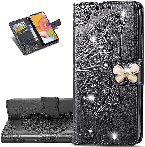 Funda para Samsung Galaxy Note 9 con diseño de mariposas y diamantes en relieve, de piel sintética, ranuras magnéticas para tarjetas con soporte