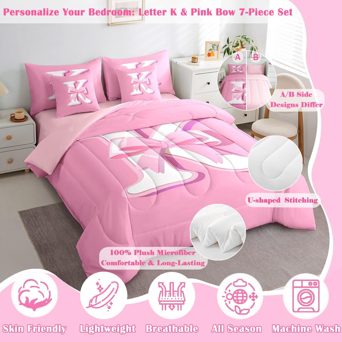 jejeloiu Pink Bowknot Bed Set, Full Size, Decor Gifts for Women Teen Girl Ultra Soft Initial Letter K 7 Pieces Beeding Set, Girly Romantic Bed in a Bag with Comforter, Sheets, Pillowcases, Room Decor - Image 2