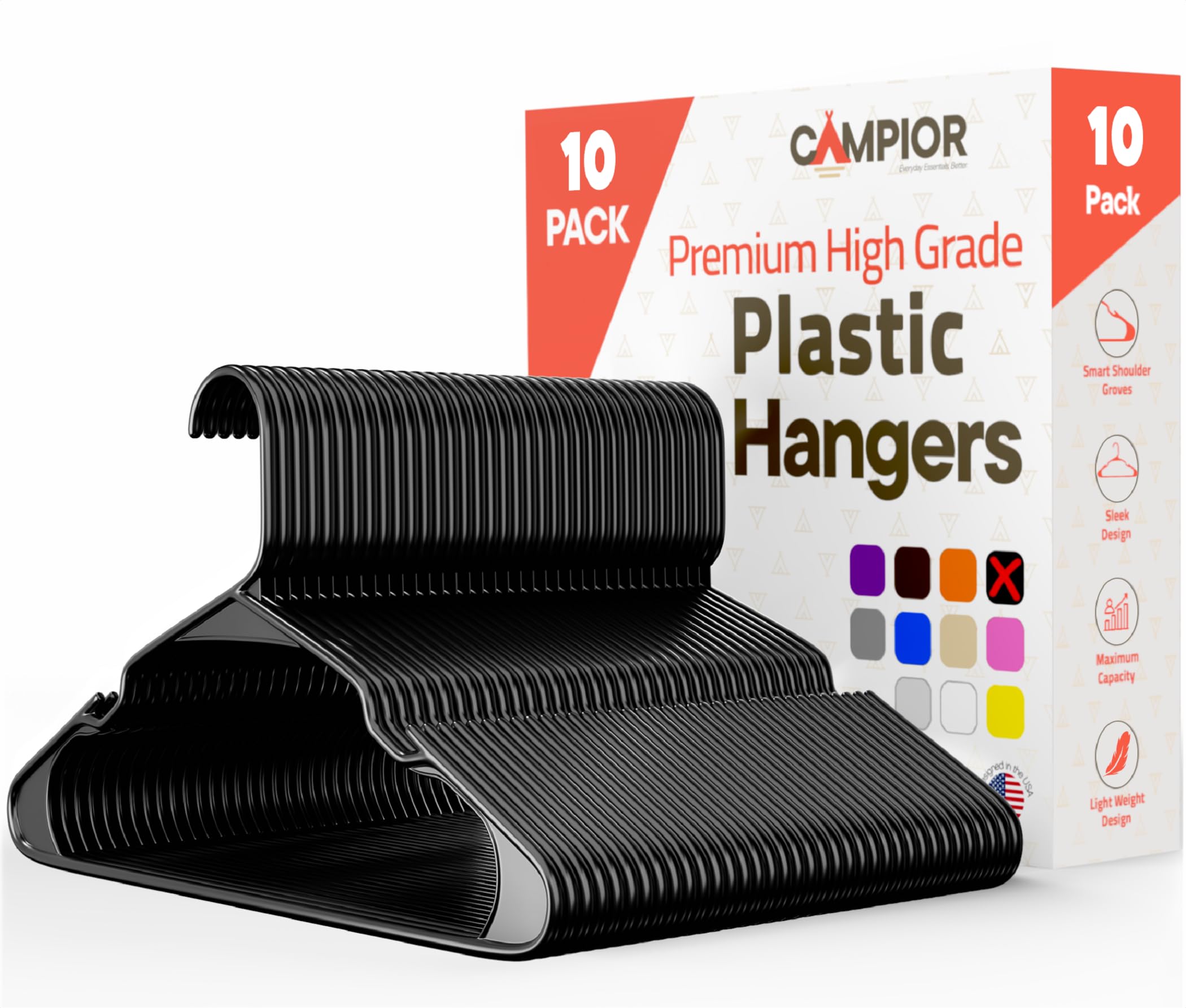 Black Plastic Hangers 10 Pack Heavy-Duty Plastic Hangers Slim and Space-Saving Hangers, Durable and Lightweight PP Hangers with Non-Slip Shoulder Notches for Slip Dresses, Suits, Jackets & Camisoles